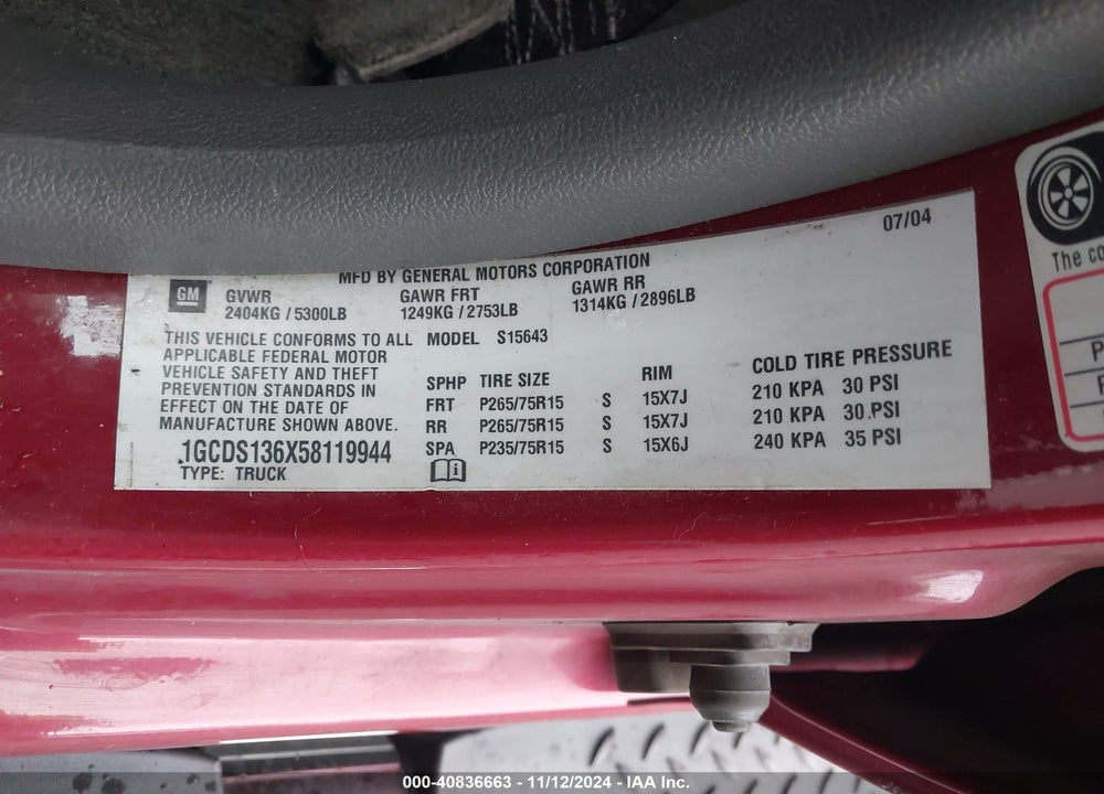 2005 CHEVROLET COLORADO LS VIN: 1GCDS136X58119944