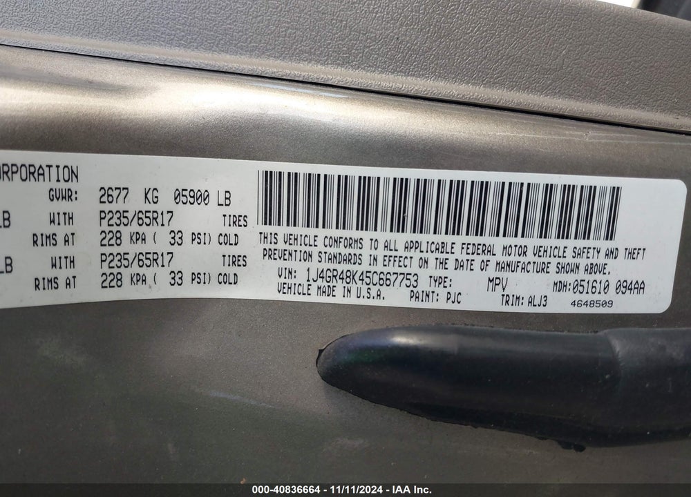 2005 JEEP GRAND CHEROKEE LAREDO VIN: 1J4GR48K45C667753