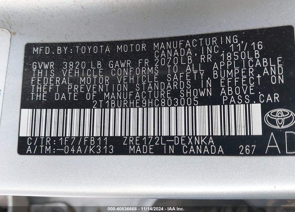 2017 TOYOTA COROLLA LE VIN: 2T1BURHE9HC803005