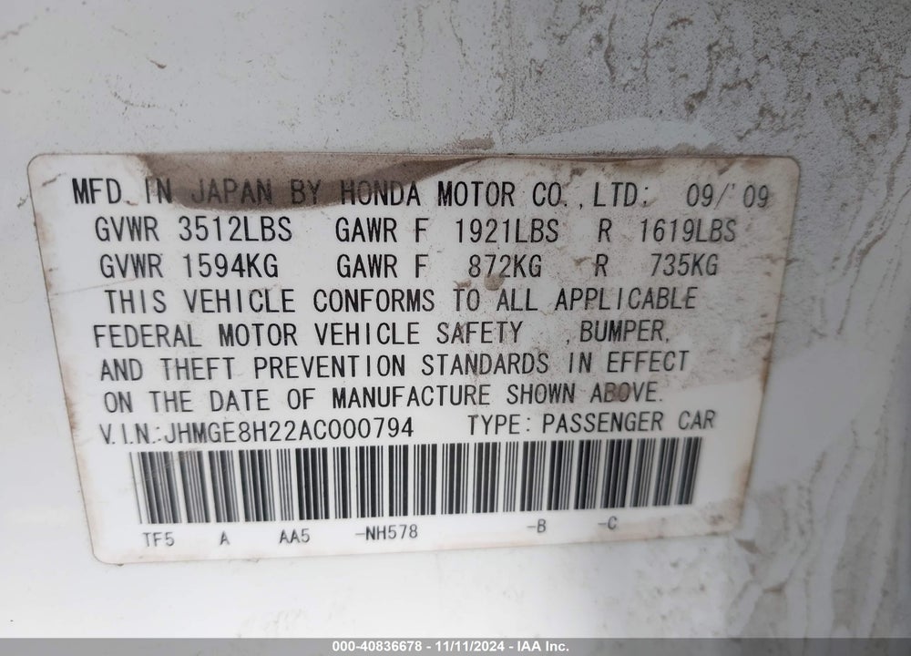2010 HONDA FIT VIN: JHMGE8H22AC000794