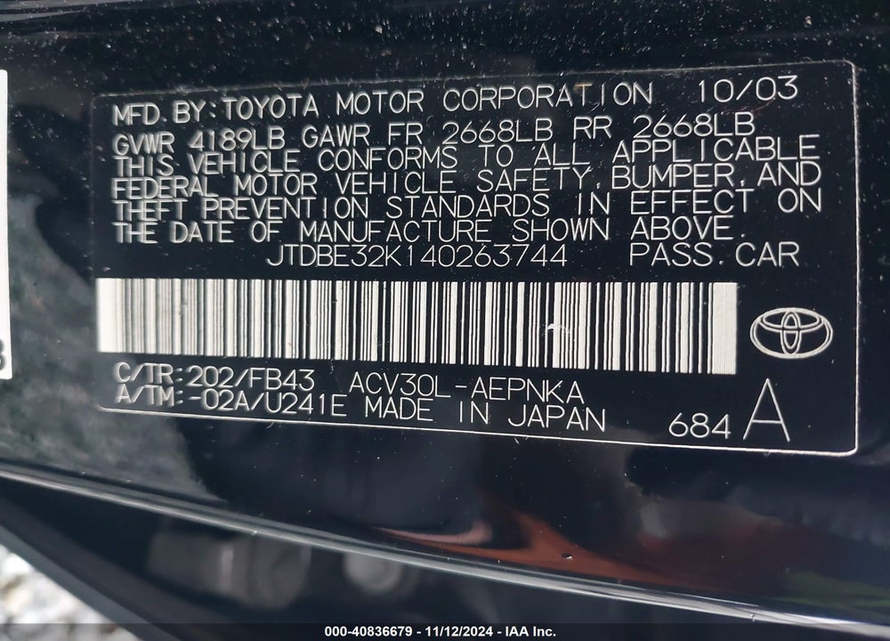2004 TOYOTA CAMRY LE VIN: JTDBE32K140263744