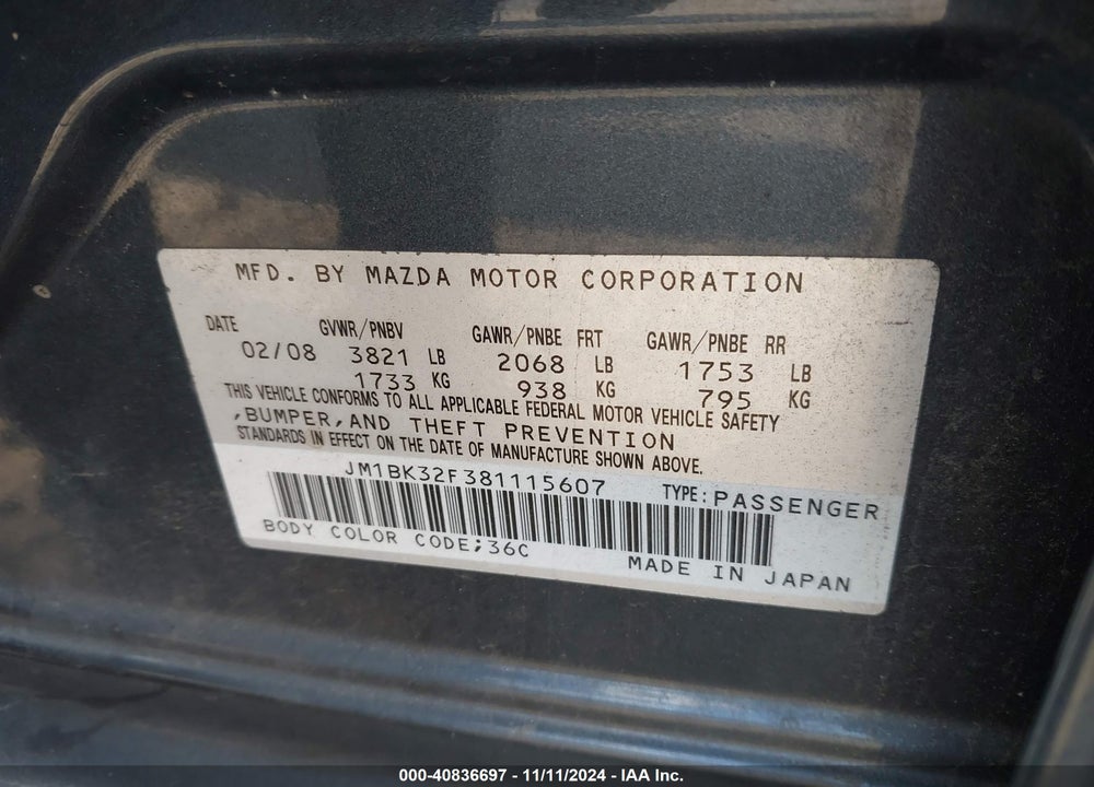 2008 MAZDA 3 I TOURING VALUE VIN: JM1BK32F381115607