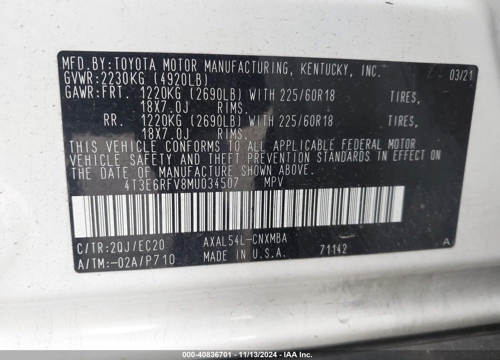 2021 TOYOTA RAV4 HYBRID XSE VIN: 4T3E6RFV8MU034507