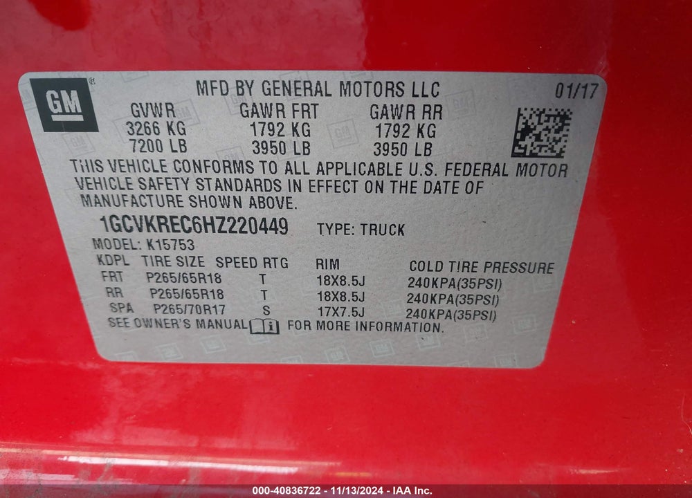 2017 CHEVROLET SILVERADO 1500 2LT VIN: 1GCVKREC6HZ220449