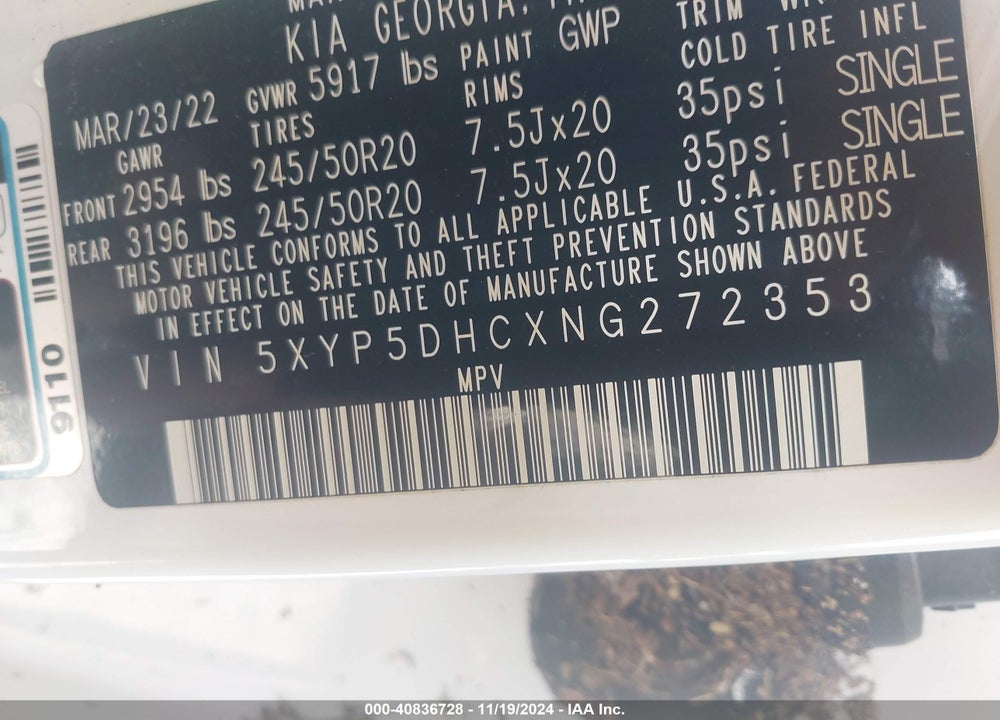 2022 KIA TELLURIDE SX VIN: 5XYP5DHCXNG272353