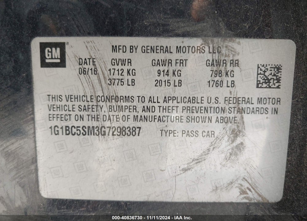 2016 CHEVROLET CRUZE LS AUTO VIN: 1G1BC5SM3G7298387