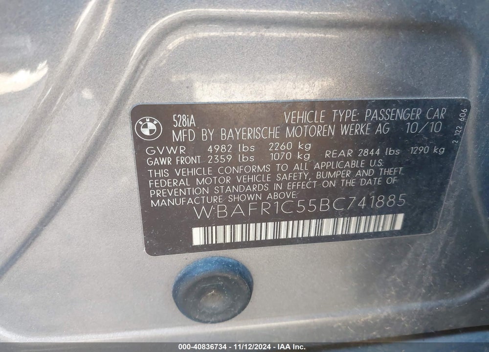 2011 BMW 528I VIN: WBAFR1C55BC741885