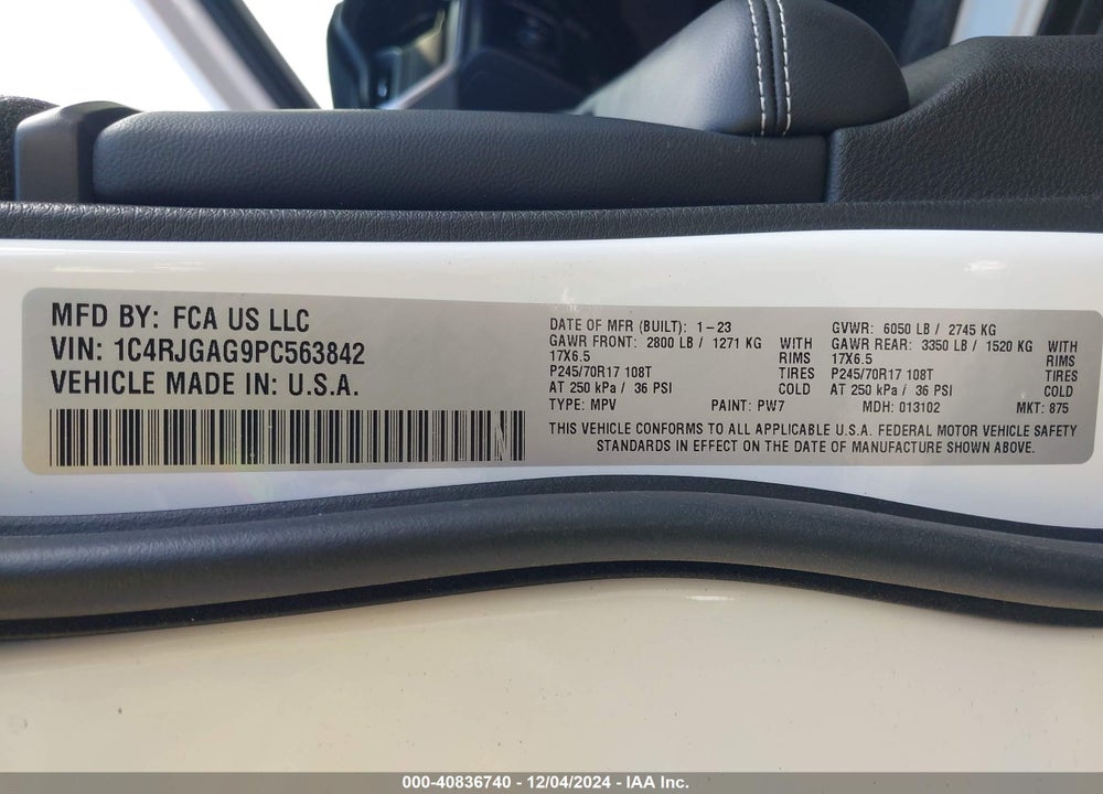 2023 JEEP GRAND CHEROKEE VIN: 1C4RJGAG9PC563842