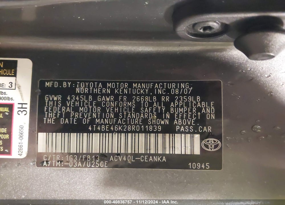 2008 TOYOTA CAMRY LE VIN: 4T4BE46K28R011839