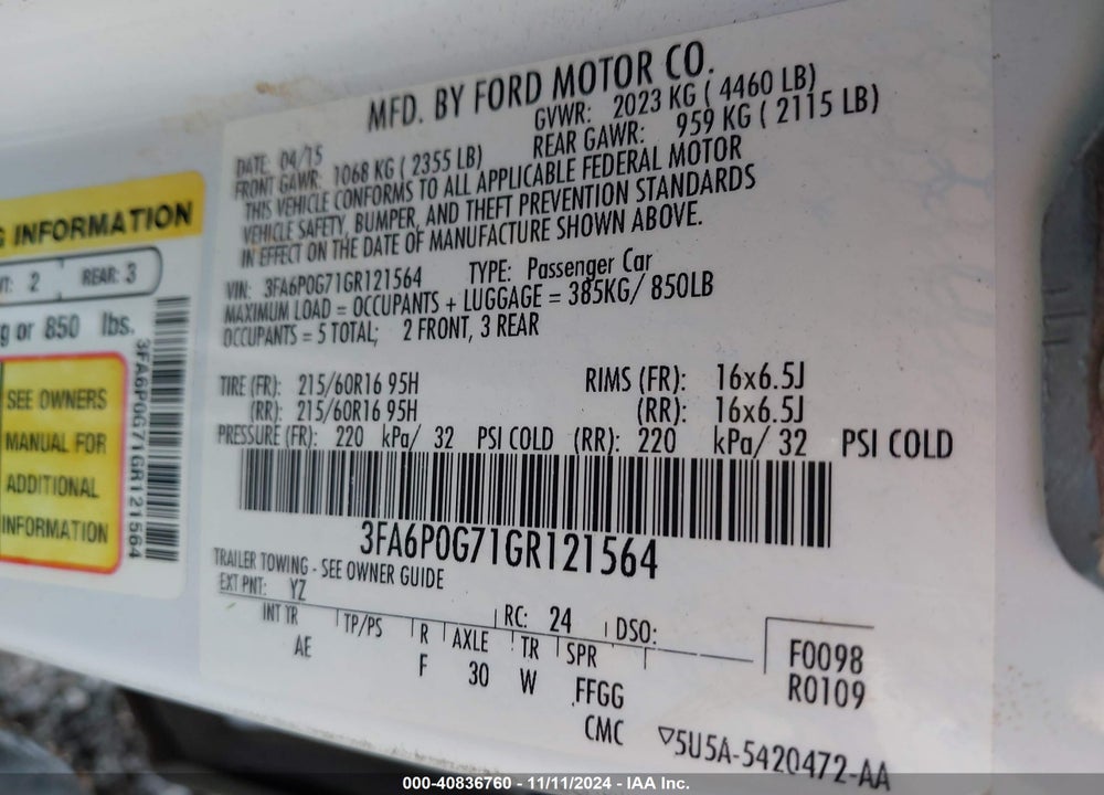 2016 FORD FUSION S VIN: 3FA6P0G71GR121564