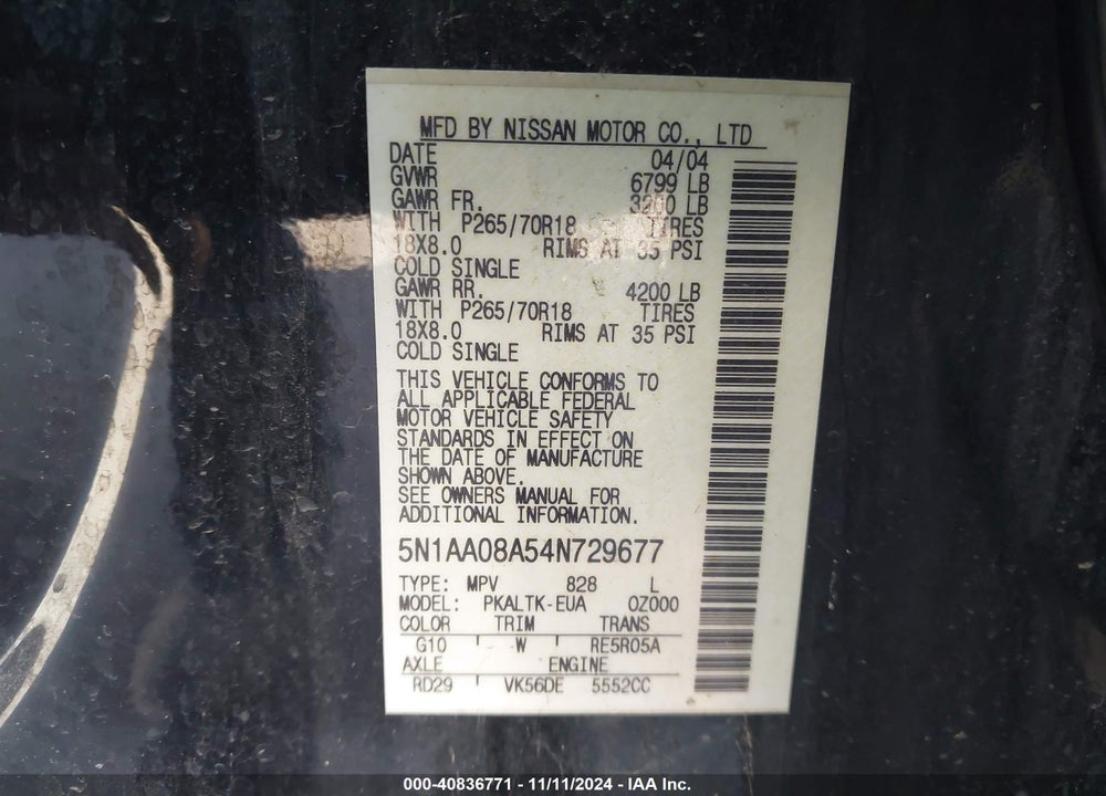2004 NISSAN PATHFINDER ARMADA SE VIN: 5N1AA08A54N729677