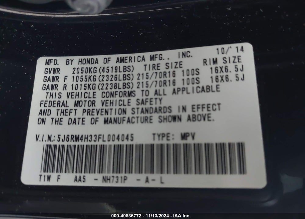 2015 HONDA CR-V LX VIN: 5J6RM4H33FL004045