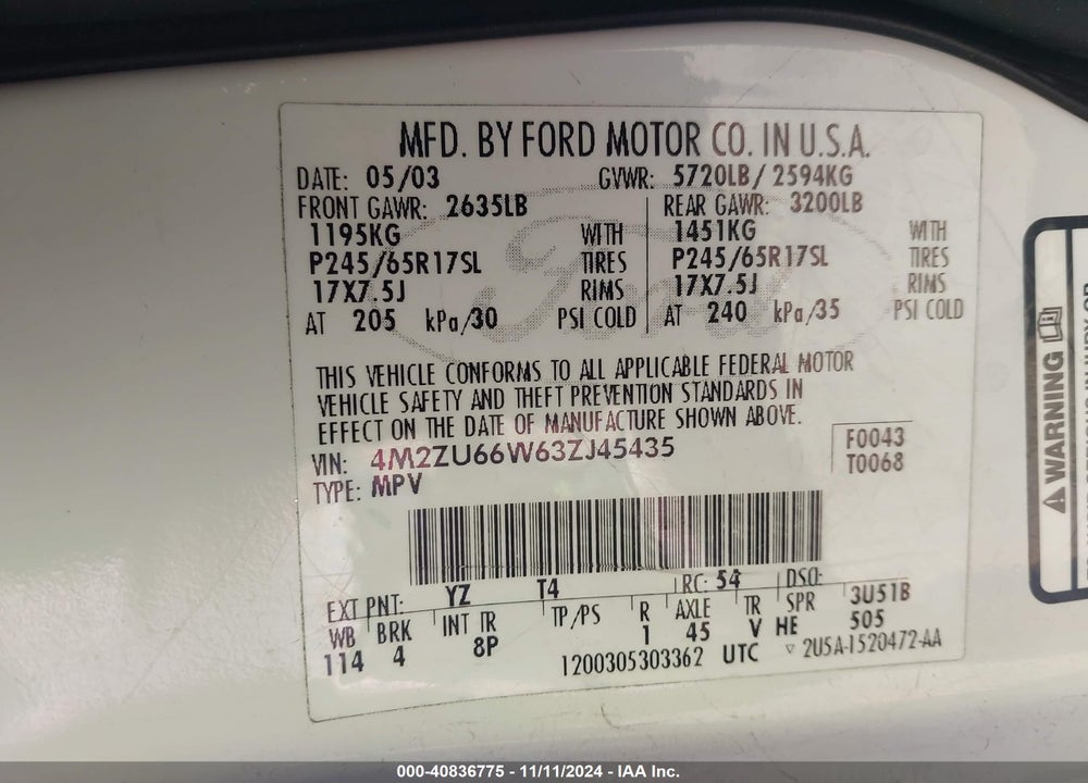 2003 MERCURY MOUNTAINEER VIN: 4M2ZU66W63ZJ45435