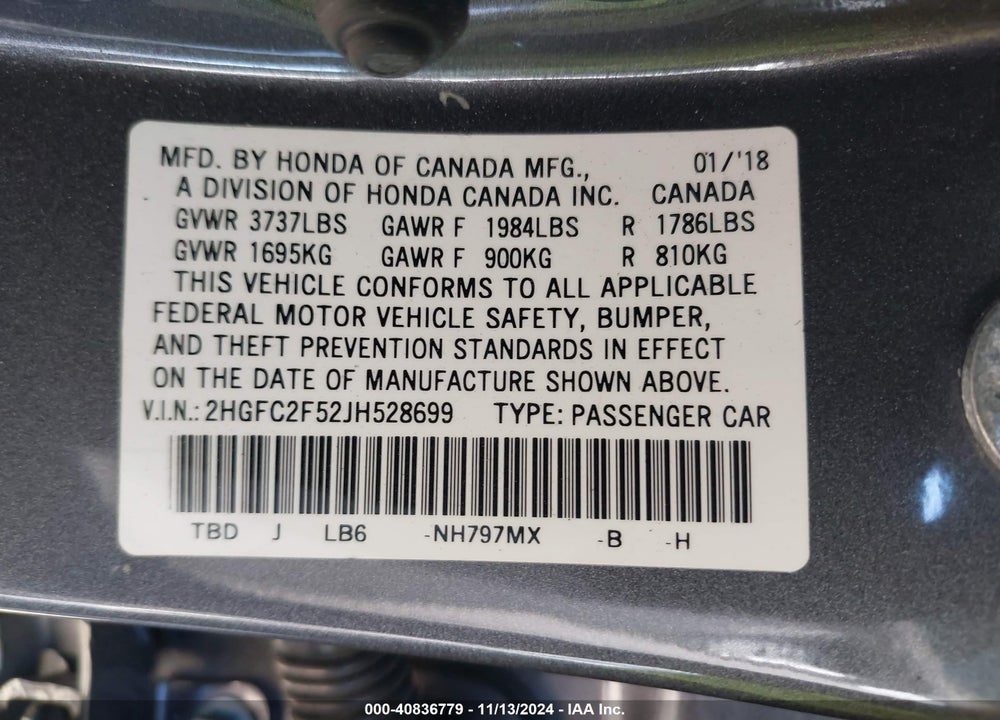 2018 HONDA CIVIC LX VIN: 2HGFC2F52JH528699