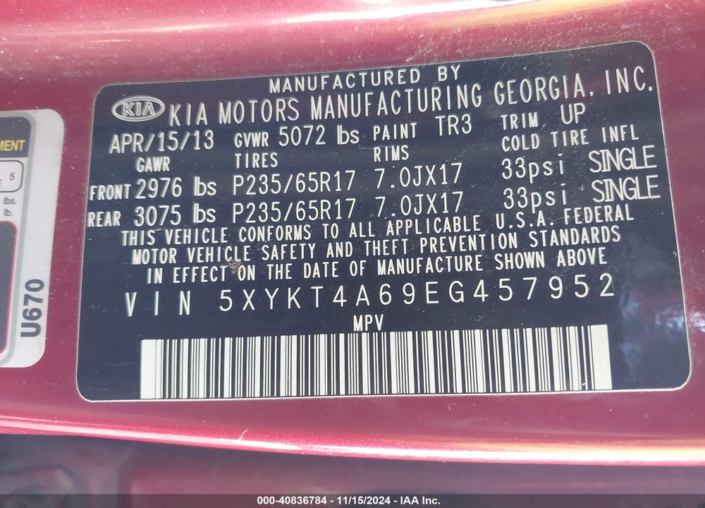 2014 KIA SORENTO LX VIN: 5XYKT4A69EG457952