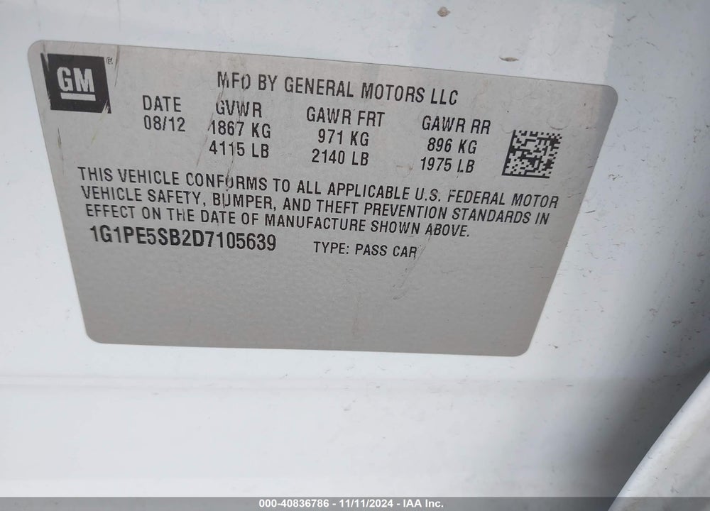 2013 CHEVROLET CRUZE 2LT AUTO VIN: 1G1PE5SB2D7105639