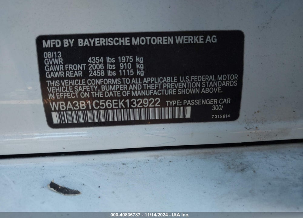 2014 BMW 320I VIN: WBA3B1C56EK132922