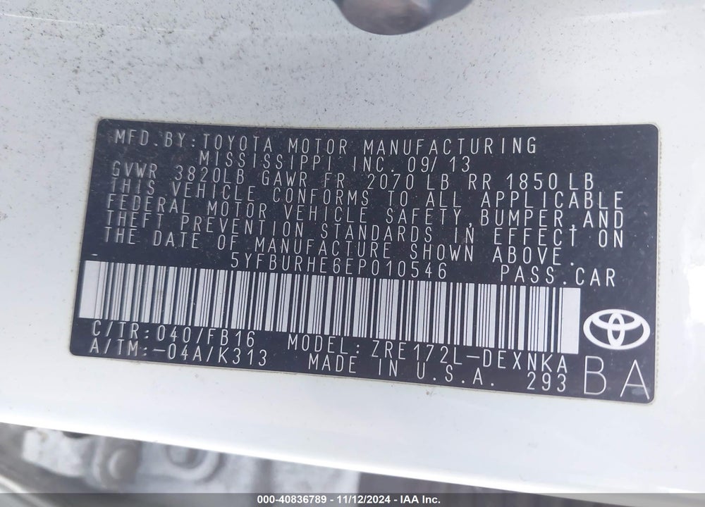 2014 TOYOTA COROLLA LE PLUS VIN: 5YFBURHE6EP010546