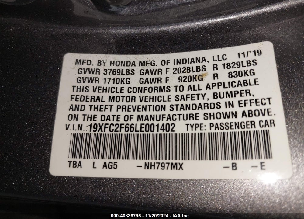 2020 HONDA CIVIC LX VIN: 19XFC2F66LE001402