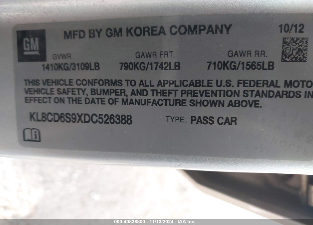 2013 CHEVROLET SPARK 1LT AUTO VIN: KL8CD6S9XDC526388