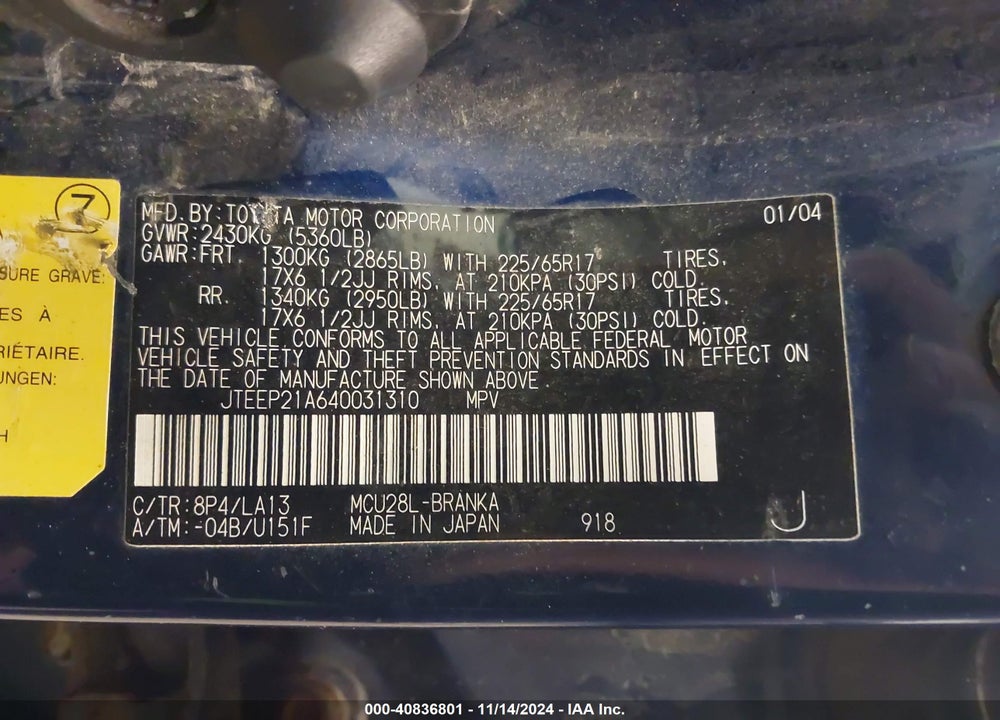 2004 TOYOTA HIGHLANDER LIMITED V6 VIN: JTEEP21A640031310