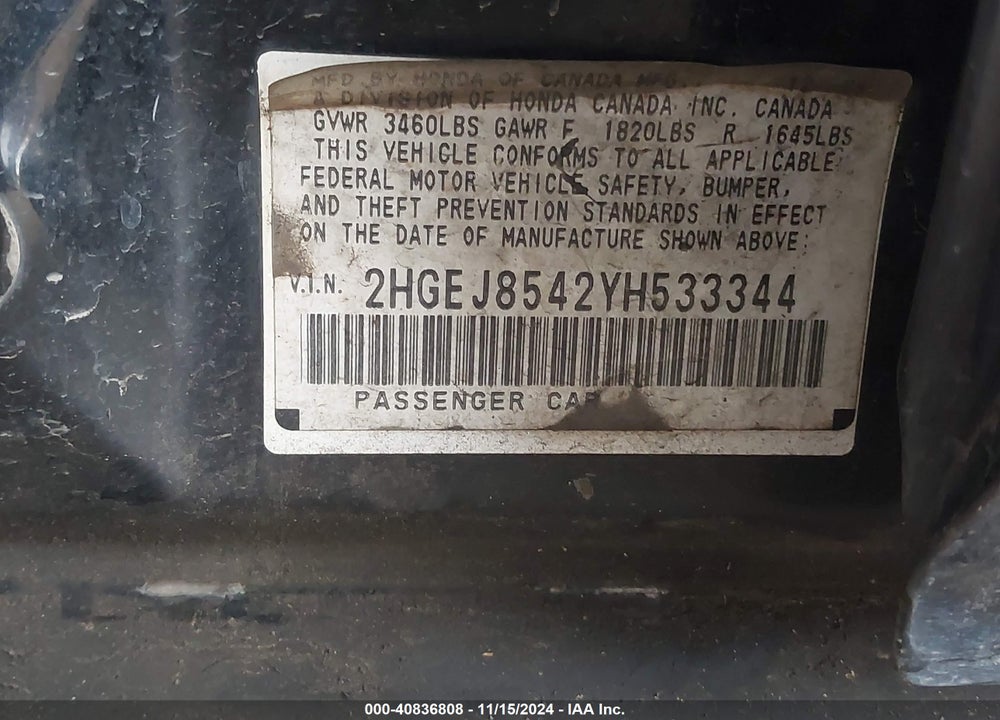 2000 HONDA CIVIC EX VIN: 2HGEJ8542YH533344