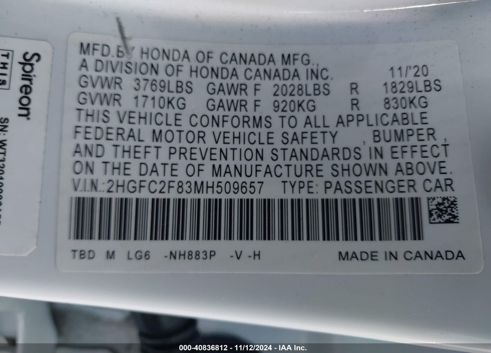 2021 HONDA CIVIC SPORT VIN: 2HGFC2F83MH509657