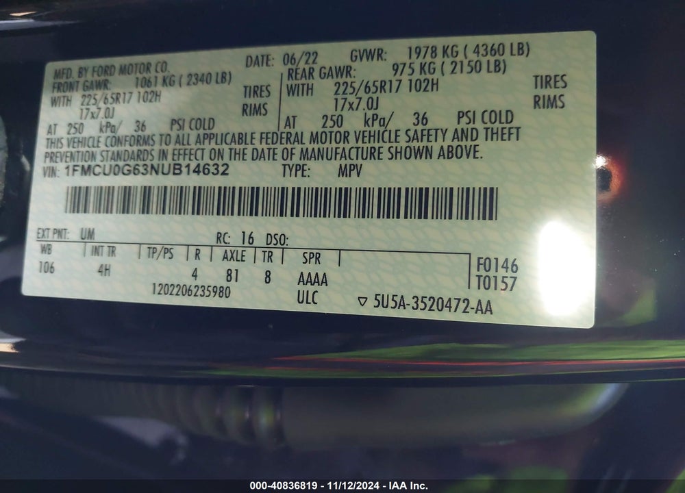 2022 FORD ESCAPE VIN: 1FMCU0G63NUB14632