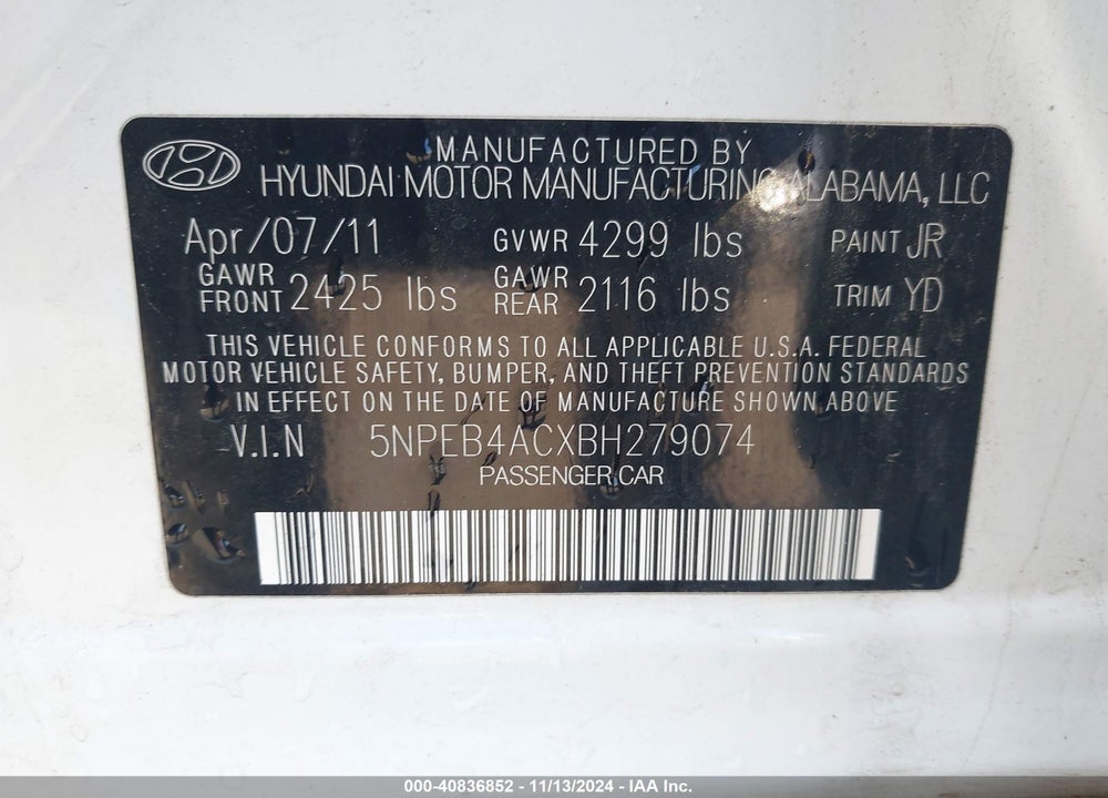 2011 HYUNDAI SONATA GLS VIN: 5NPEB4ACXBH279074