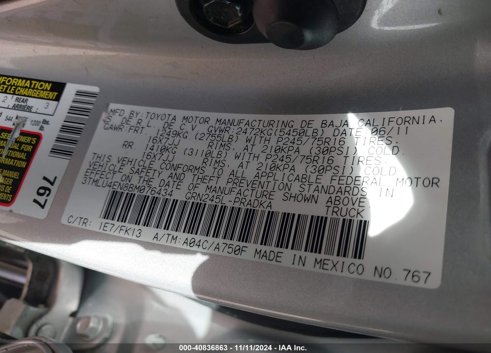 2011 TOYOTA TACOMA DOUBLE CAB VIN: 3TMLU4EN8BM076434