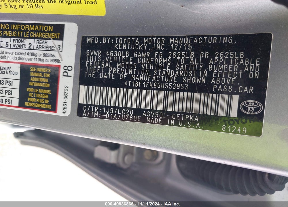 2016 TOYOTA CAMRY XSE VIN: 4T1BF1FK8GU553953