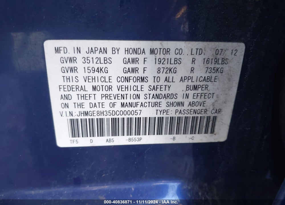 2013 HONDA FIT VIN: JHMGE8H35DC000057