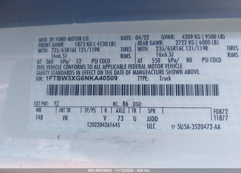 2022 FORD TRANSIT-350 CARGO VAN VIN: 1FTBW3XG6NKA40509