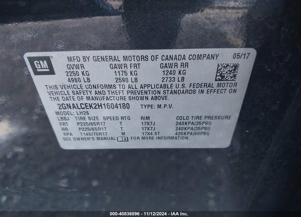 2017 CHEVROLET EQUINOX LT VIN: 2GNALCEK2H1604180