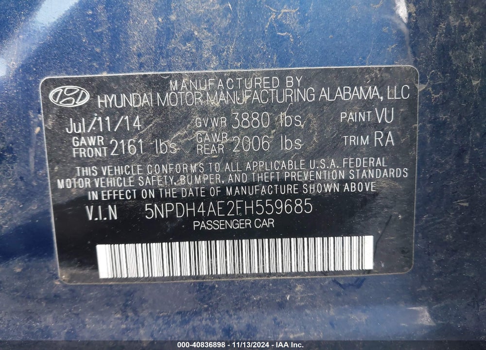 2015 HYUNDAI ELANTRA SE VIN: 5NPDH4AE2FH559685