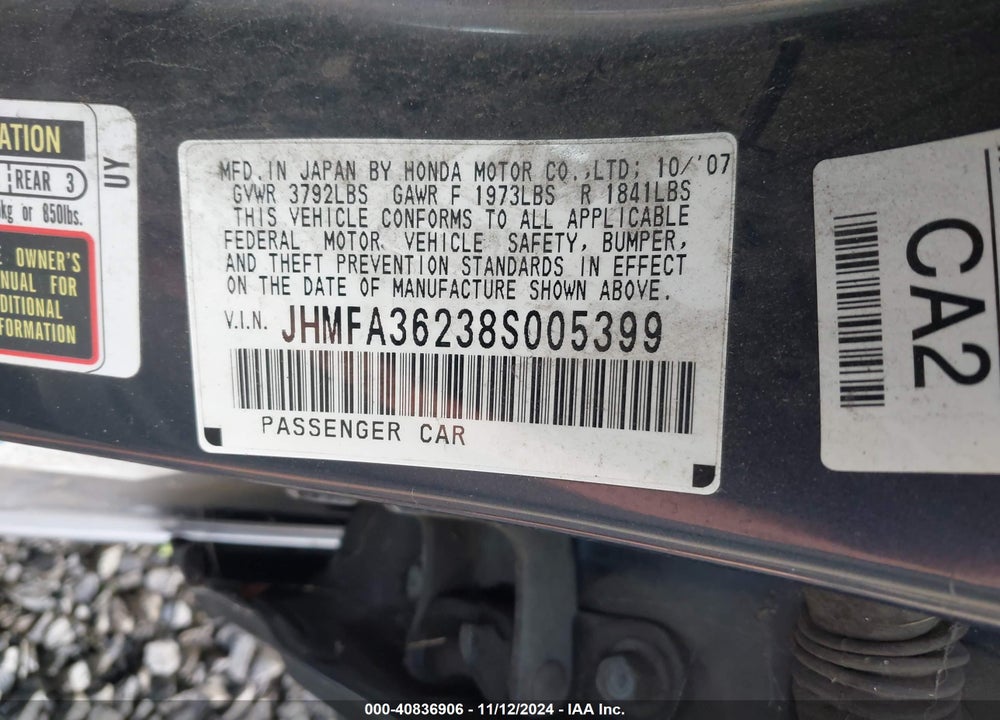 2008 HONDA CIVIC HYBRID VIN: JHMFA36238S005399