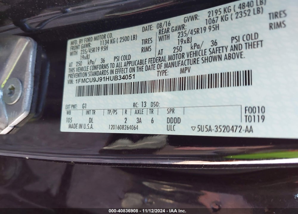 2017 FORD ESCAPE TITANIUM VIN: 1FMCU9J91HUB34051