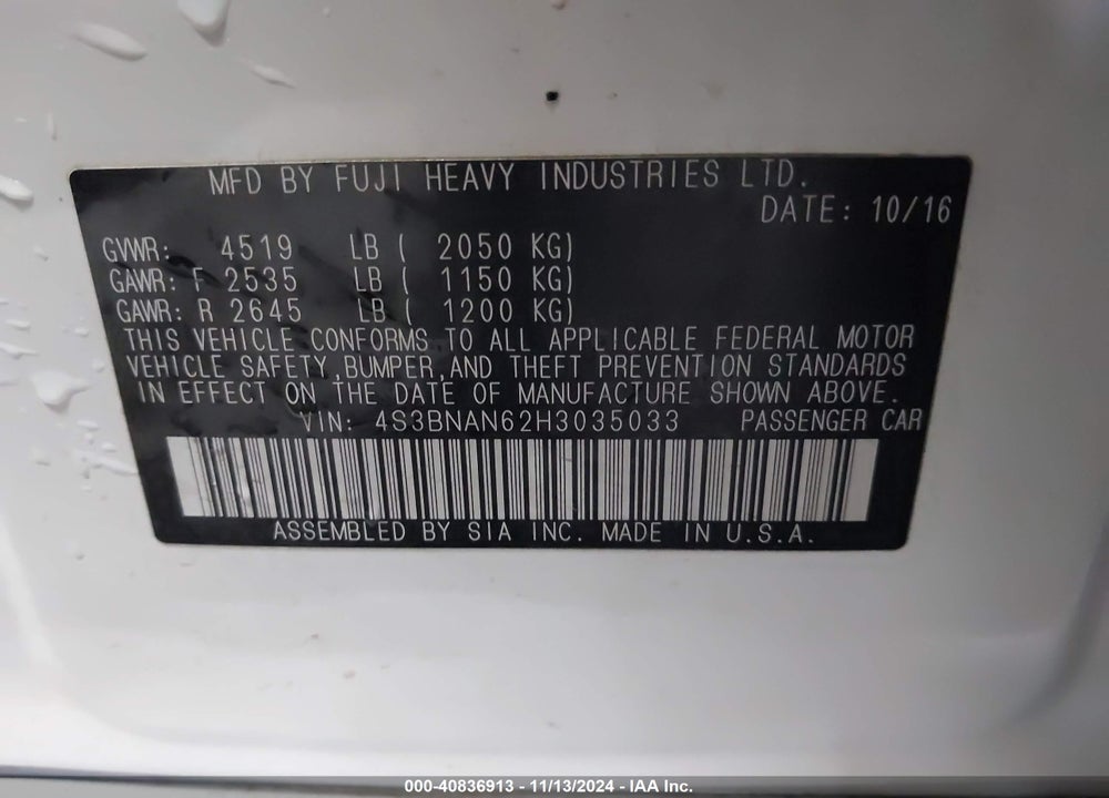 2017 SUBARU LEGACY VIN: 4S3BNAN62H3035033
