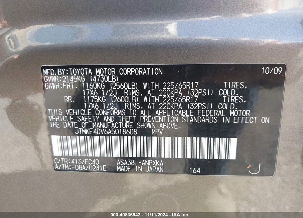 2010 TOYOTA RAV4 VIN: JTMKF4DV6A5018608