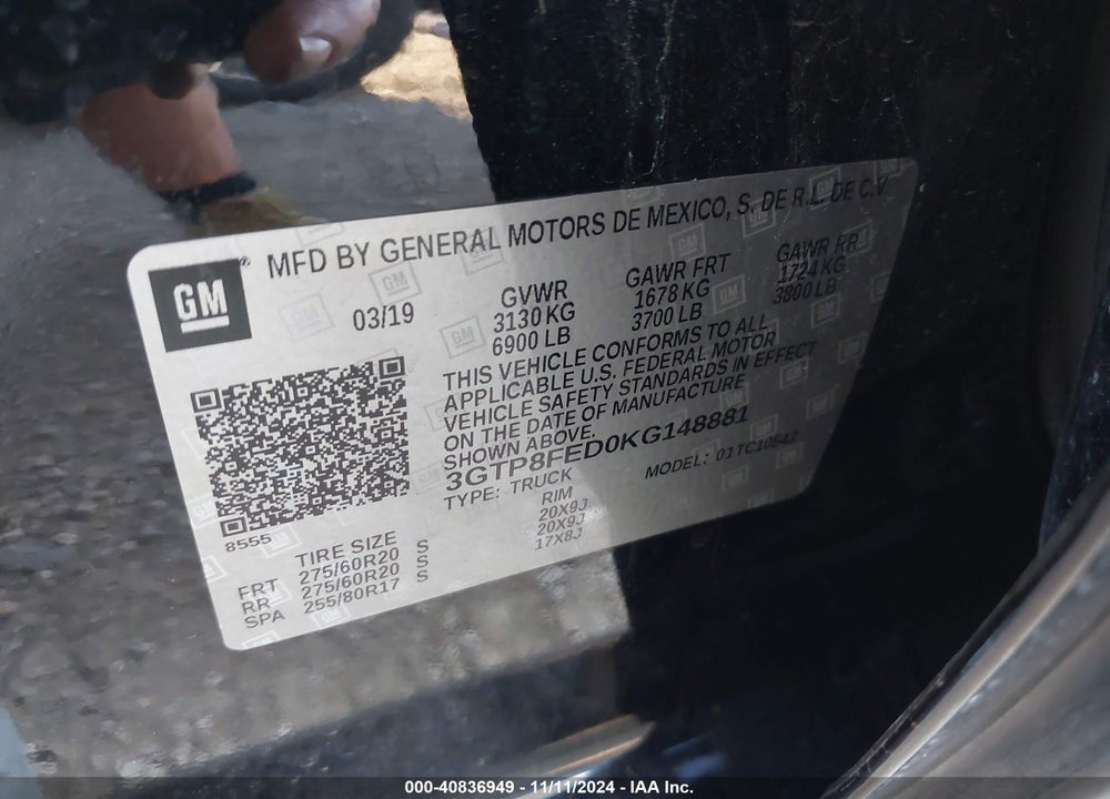 2019 GMC SIERRA 1500 VIN: 3GTP8FED0KG148881