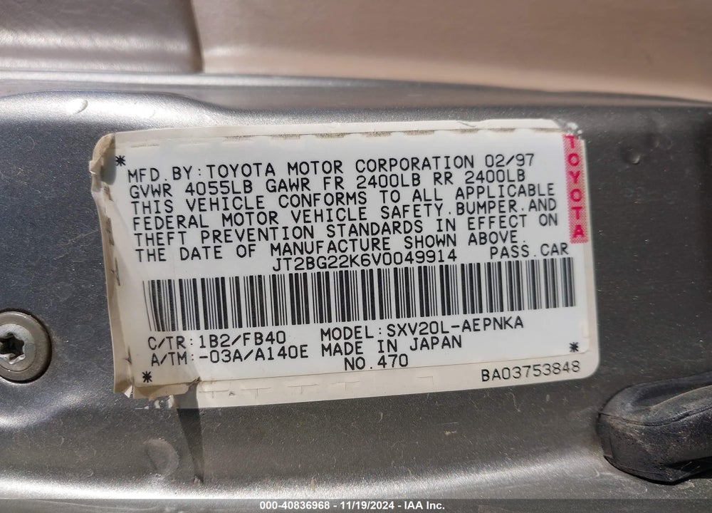 1997 TOYOTA CAMRY LE VIN: JT2BG22K6V0049914