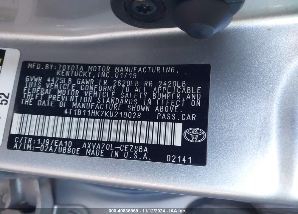 2019 TOYOTA CAMRY SE VIN: 4T1B11HK7KU219028