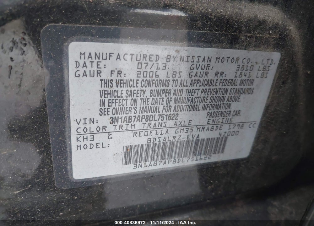 2013 NISSAN SENTRA SR VIN: 3N1AB7AP8DL751622