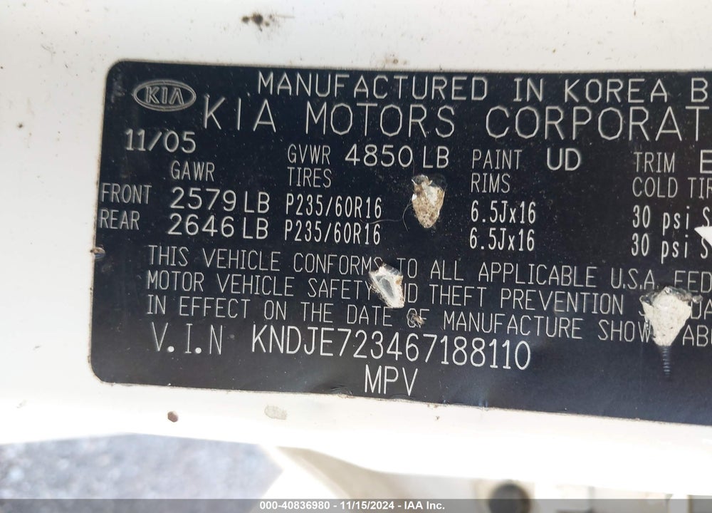 2006 KIA SPORTAGE EX V6/LX V6 VIN: KNDJE723467188110