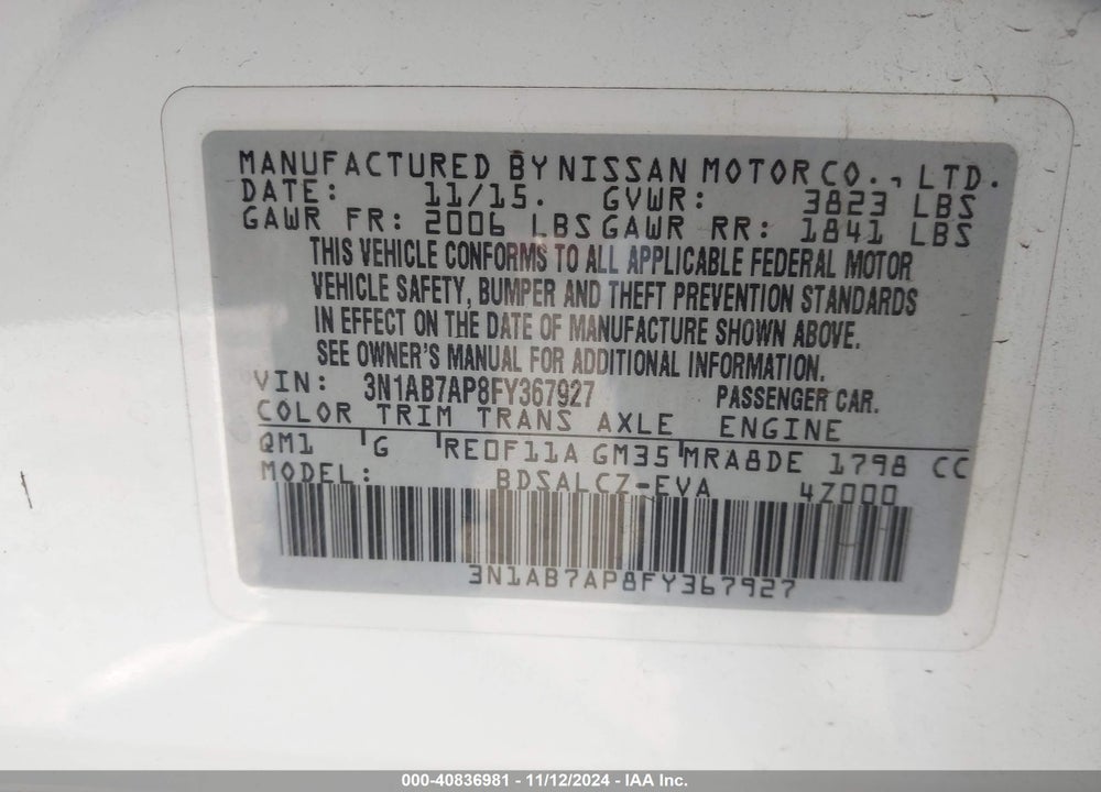 2015 NISSAN SENTRA S VIN: 3N1AB7AP8FY367927