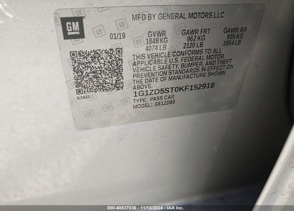 2019 CHEVROLET MALIBU LT VIN: 1G1ZD5ST0KF152918