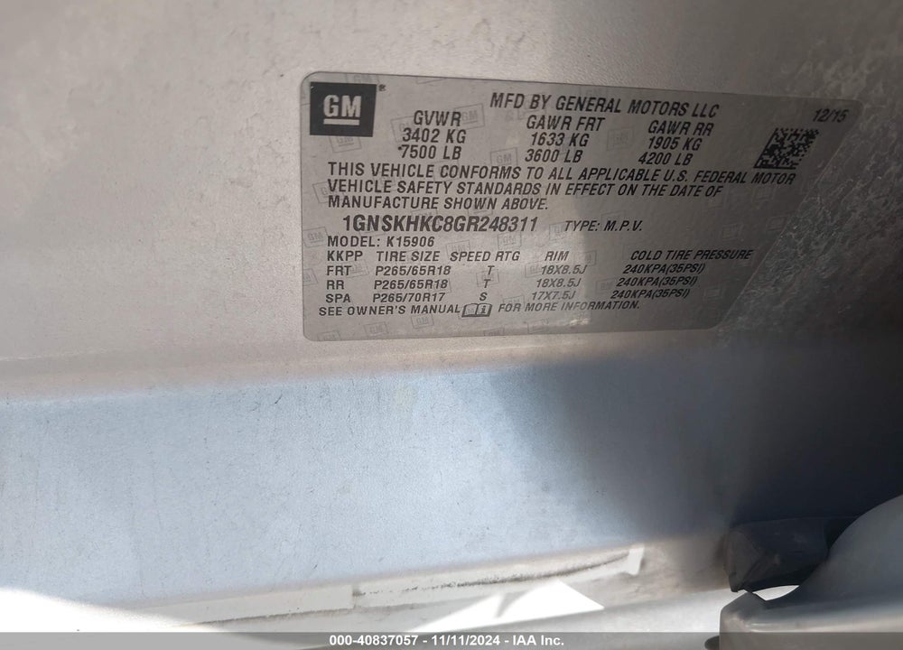 2016 CHEVROLET SUBURBAN LT VIN: 1GNSKHKC8GR248311