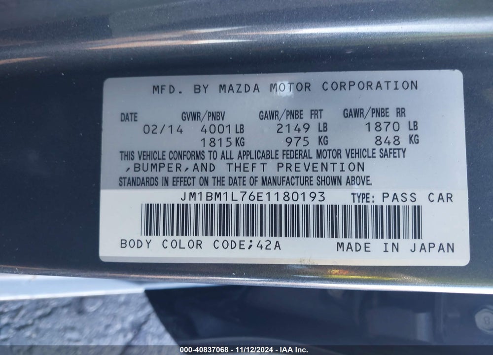 2014 MAZDA 3 I TOURING VIN: JM1BM1L76E1180193