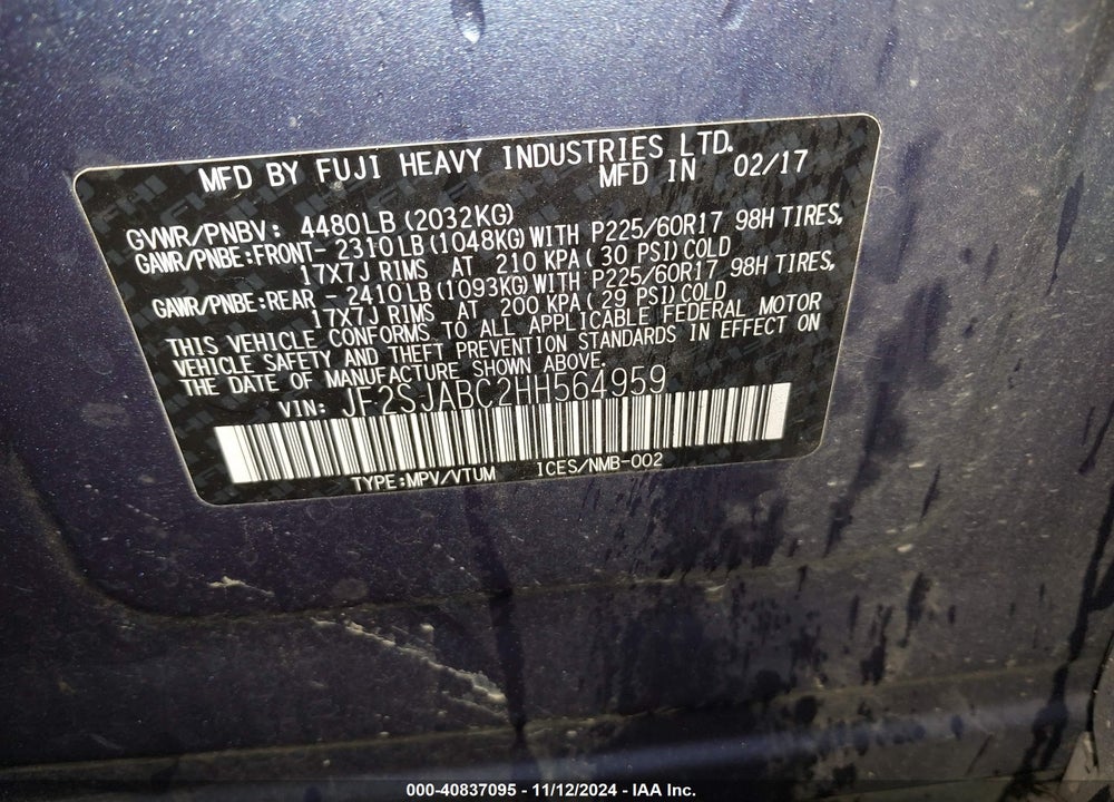 2017 SUBARU FORESTER 2.5I VIN: JF2SJABC2HH564959