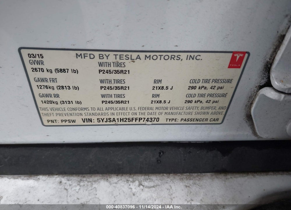 2015 TESLA MODEL S 70D/85D/P85D VIN: 5YJSA1H25FFP74370